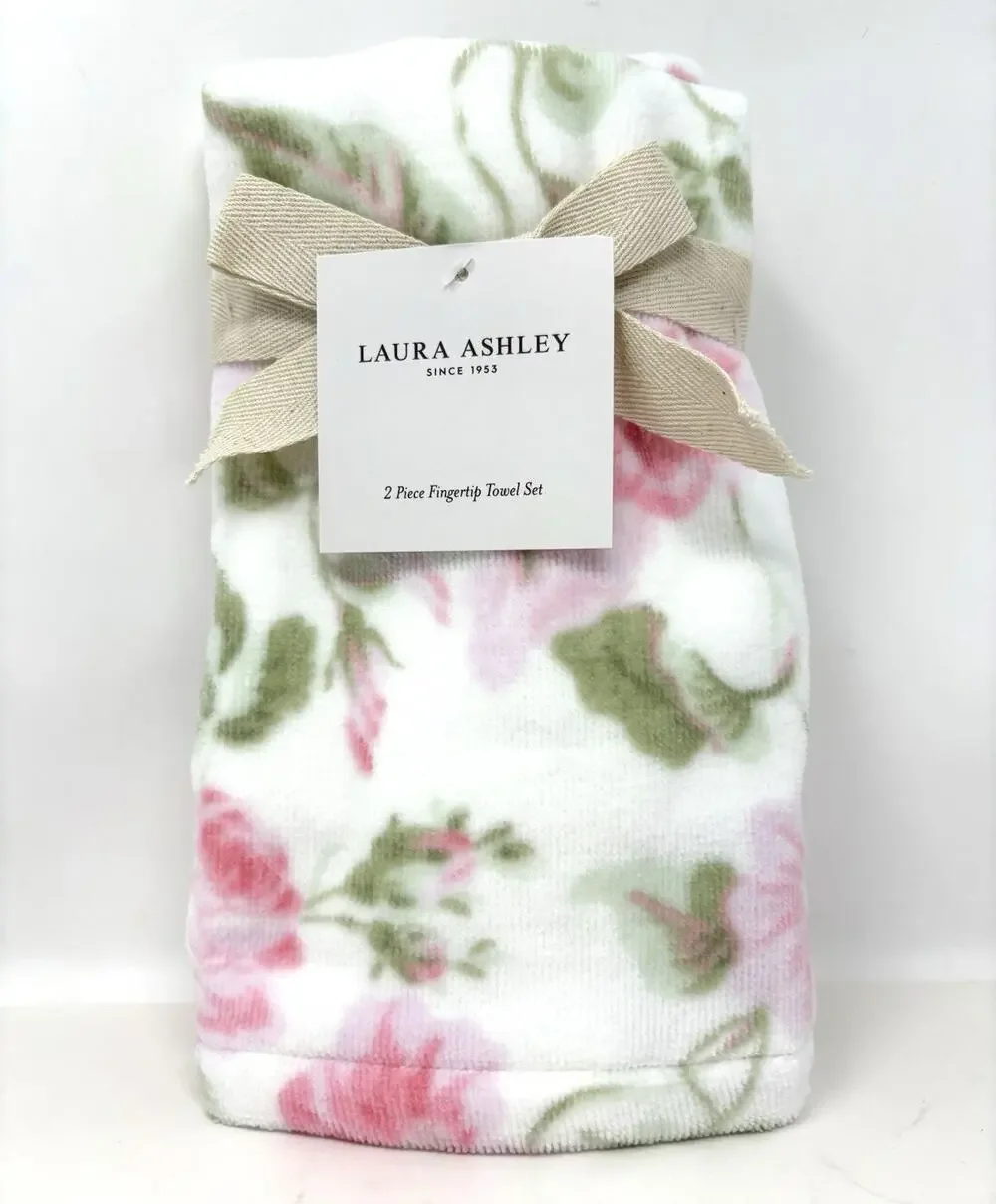 Laura Ashley Fingertip Towels Set Floral Morning Gloria 2 Pcs Pink Green NWT